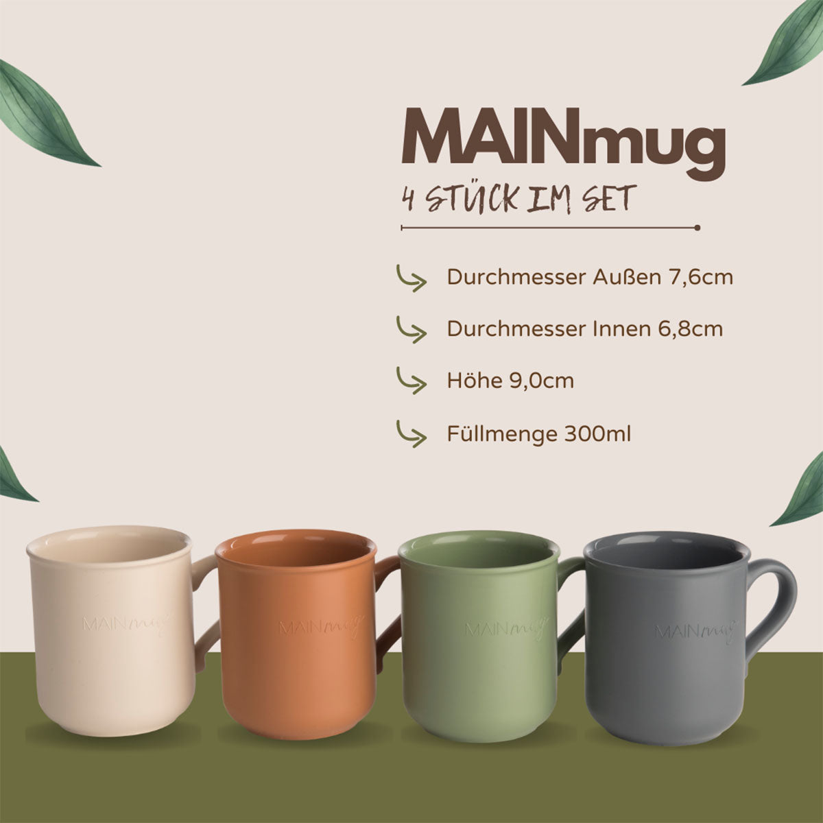 MAINmug Tasse - 4 St. stabile u. bruchfeste Mehrwegtassen mit Griff aus Recyclingkunststoff