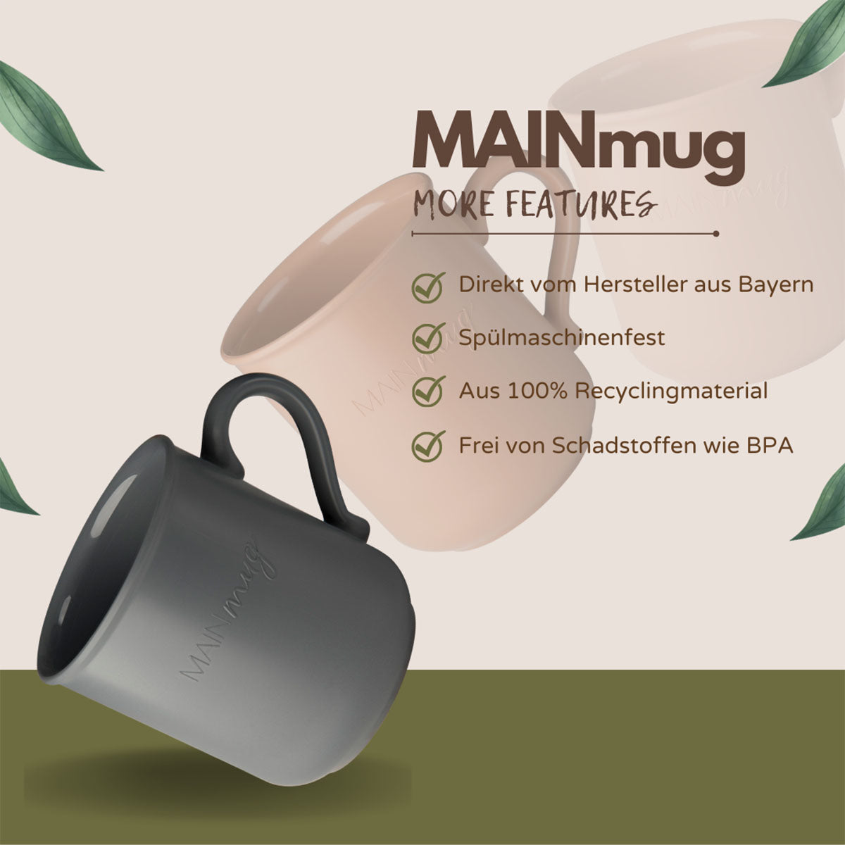 MAINmug Tasse - 4 St. stabile u. bruchfeste Mehrwegtassen mit Griff aus Recyclingkunststoff