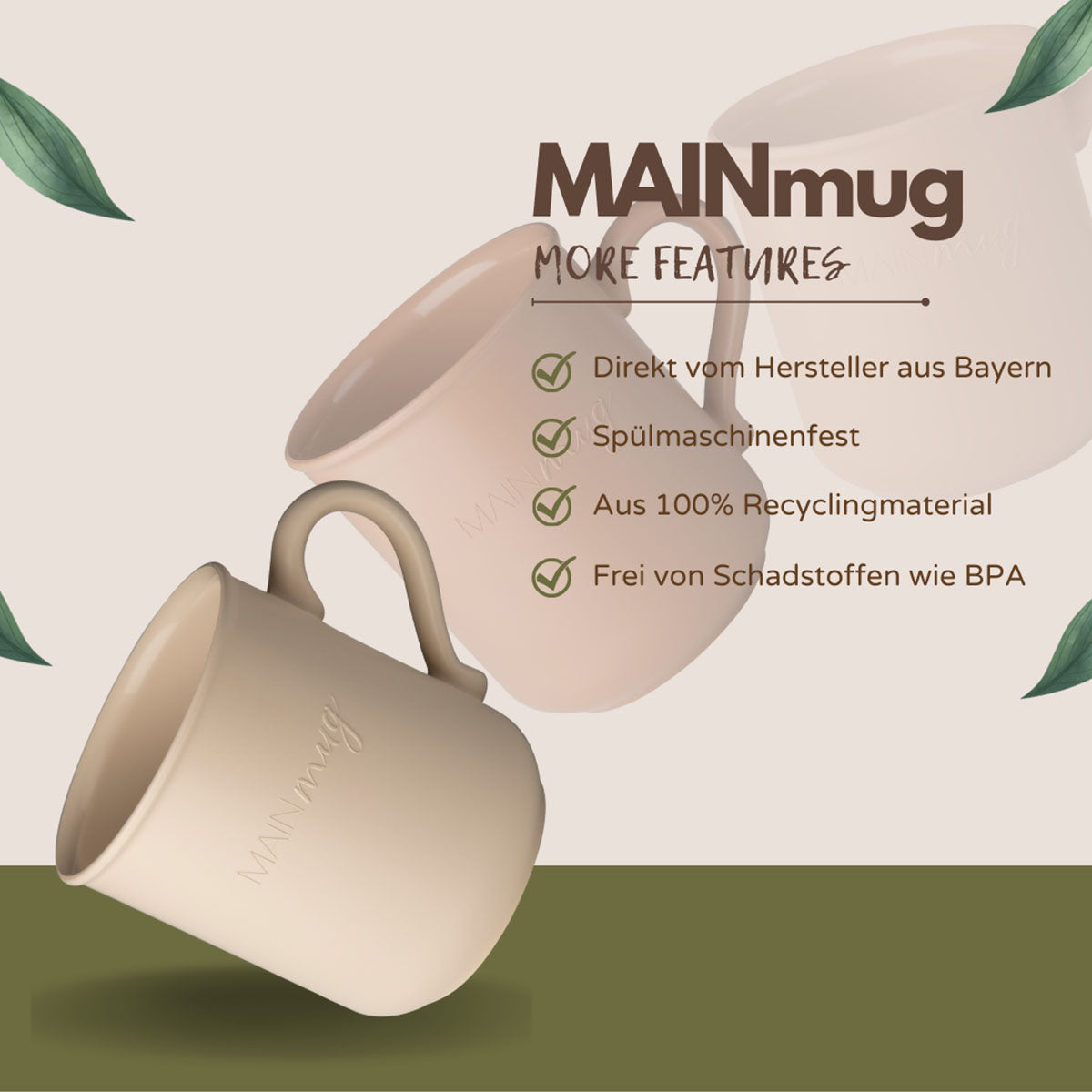 MAINmug Tasse - 4 St. stabile u. bruchfeste Mehrwegtassen mit Griff aus Recyclingkunststoff
