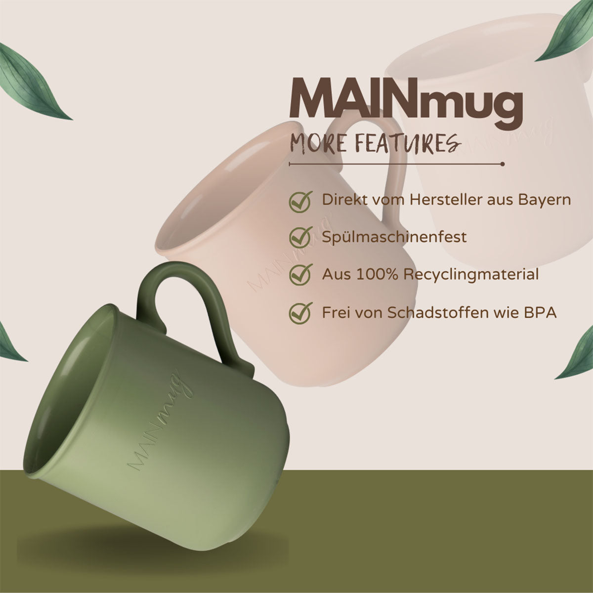 MAINmug Tasse - 4 St. stabile u. bruchfeste Mehrwegtassen mit Griff aus Recyclingkunststoff
