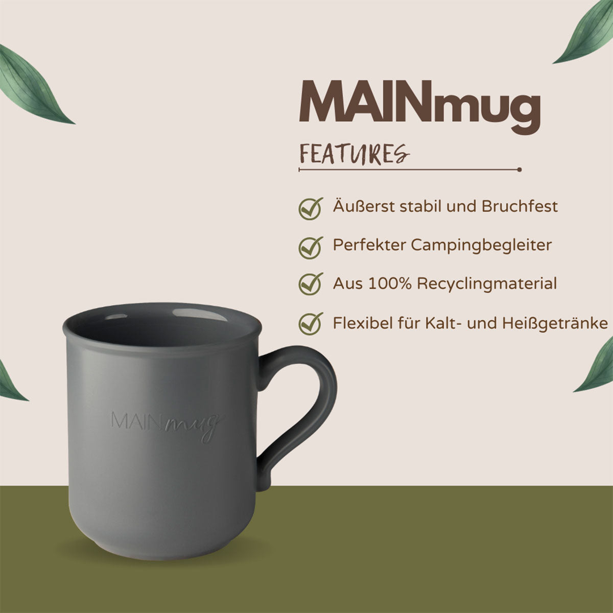 MAINmug Tasse - 4 St. stabile u. bruchfeste Mehrwegtassen mit Griff aus Recyclingkunststoff