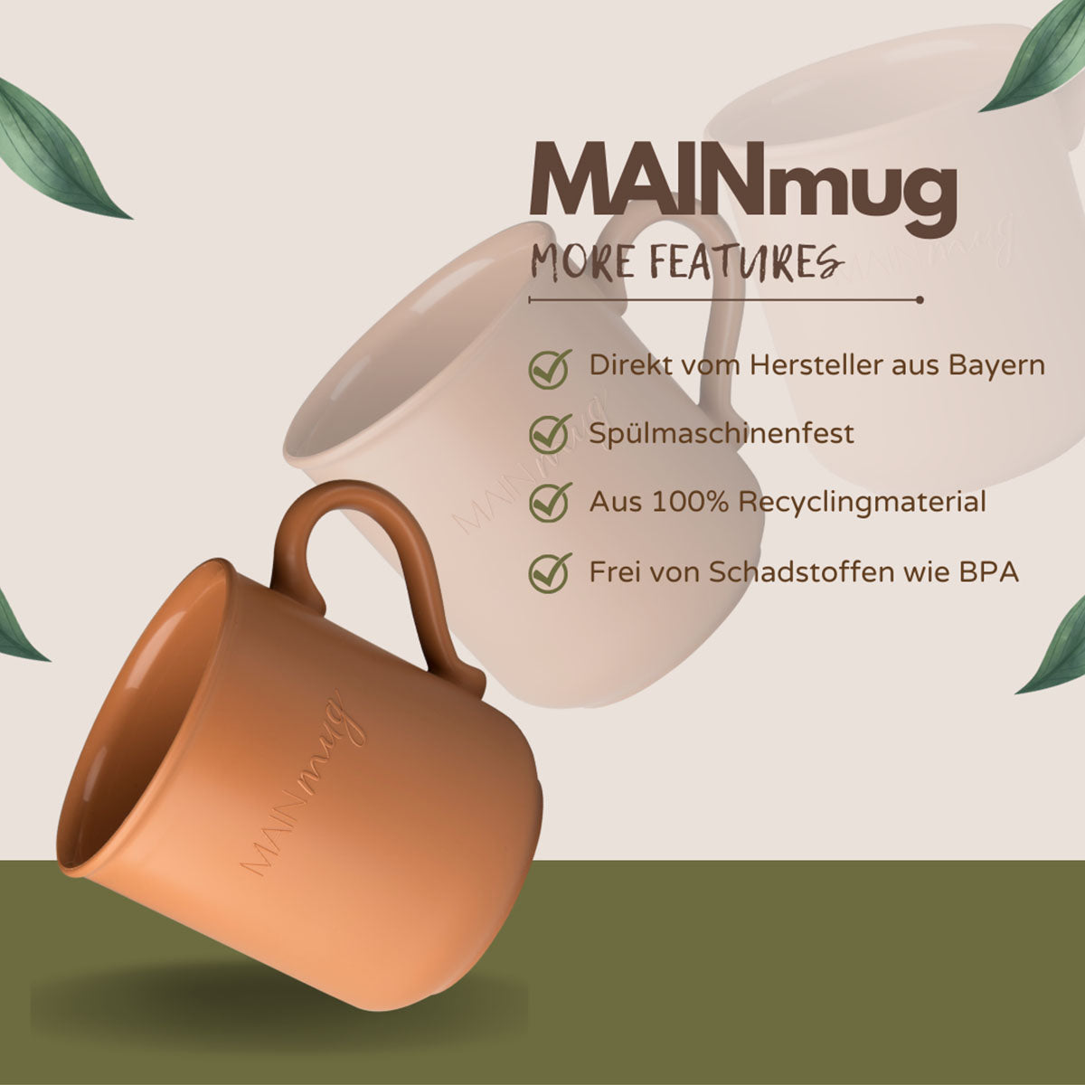 MAINmug Tasse - 4 St. stabile u. bruchfeste Mehrwegtassen mit Griff aus Recyclingkunststoff