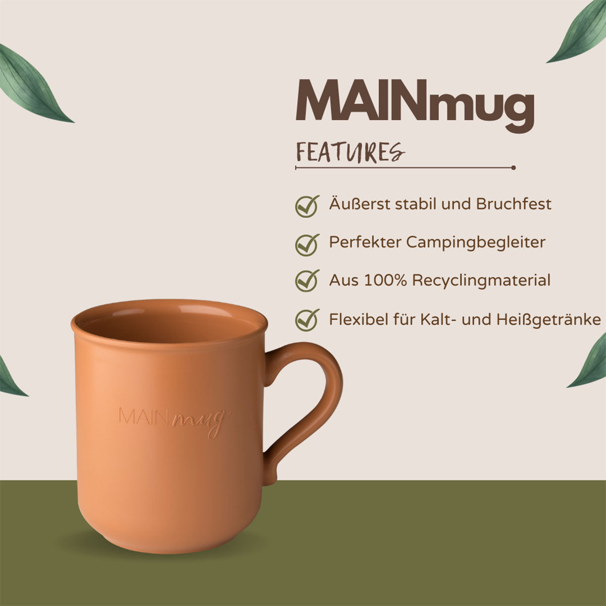 MAINmug Tasse - 4 St. stabile u. bruchfeste Mehrwegtassen mit Griff aus Recyclingkunststoff