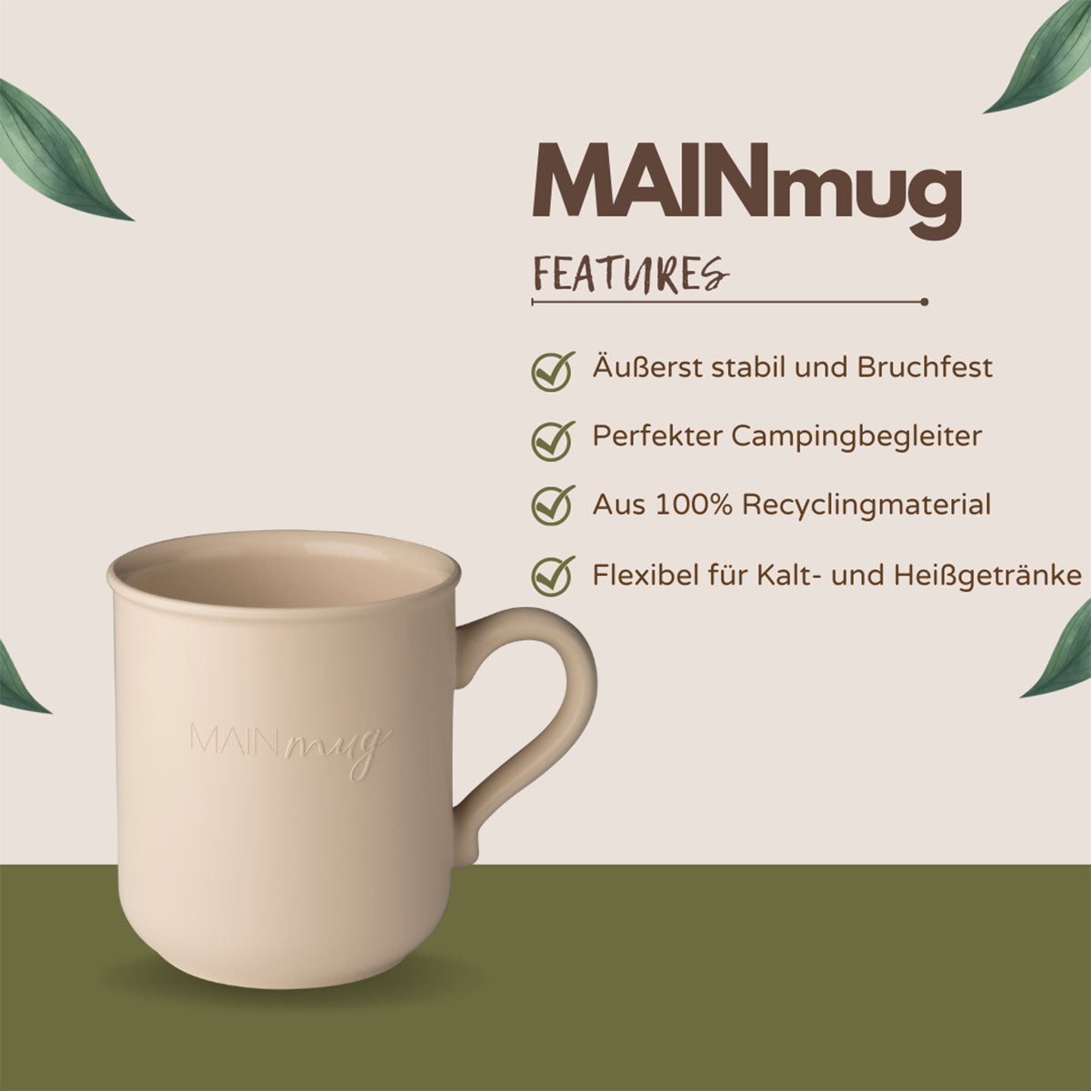 MAINmug Tasse - 4 St. stabile u. bruchfeste Mehrwegtassen mit Griff aus Recyclingkunststoff