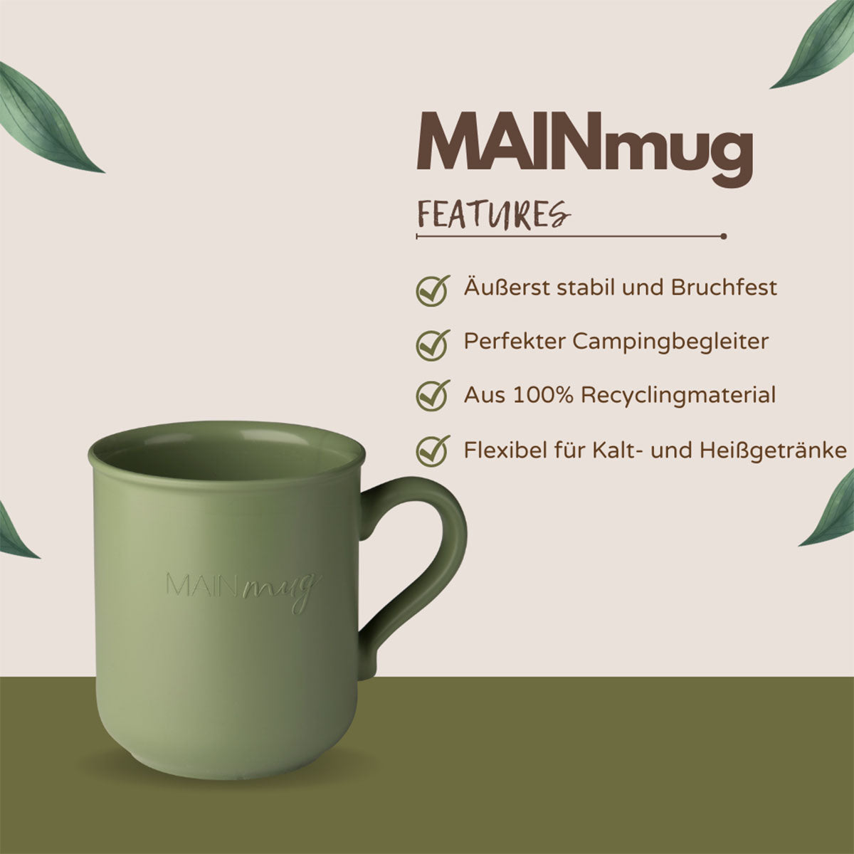 MAINmug Tasse - 4 St. stabile u. bruchfeste Mehrwegtassen mit Griff aus Recyclingkunststoff